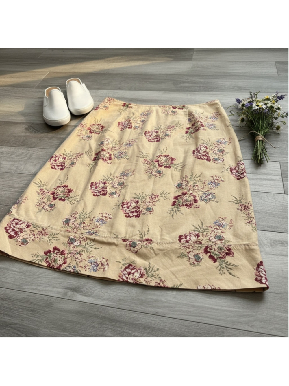 Eddie Bauer Linen Cotton Floral Skirt 10 Peach Tan Cottagecore # ZZ